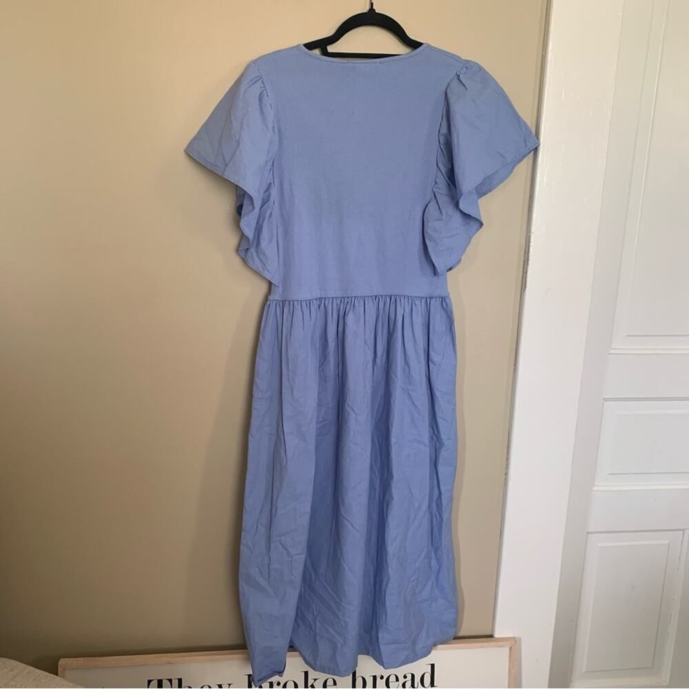 ZARA Ruffled Sleeve Rib Midi Dress Blue Size Medium Cotton Prairie Baby Shower - Picture 2 of 6